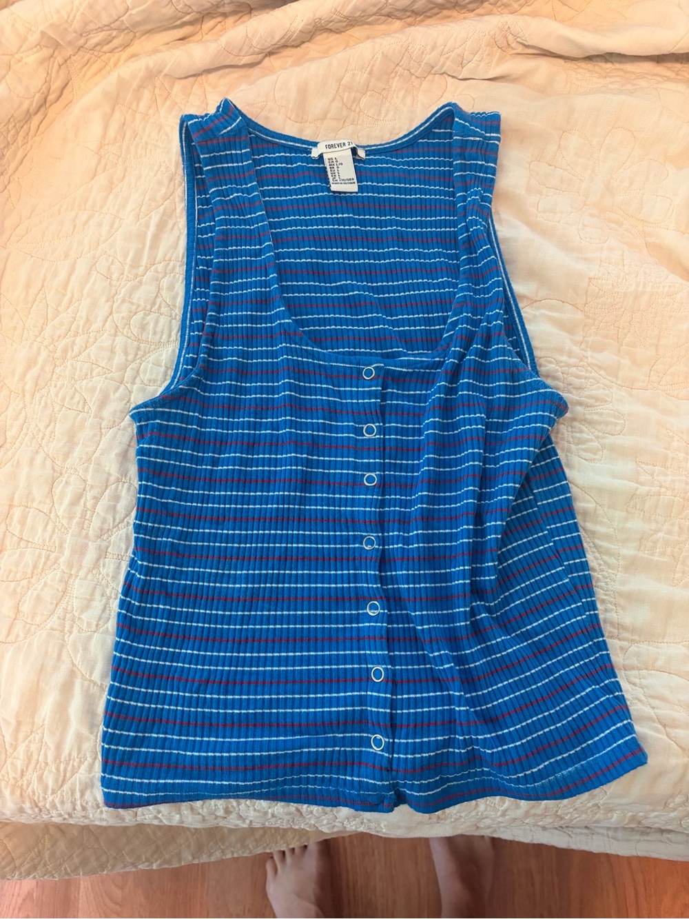 Forever 21 Blue Ribbed Striped Button-Front Tank